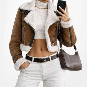 Zara Suede Brown Fleece Shearling Buckle Detail Motorcycle Style Jacket Size S